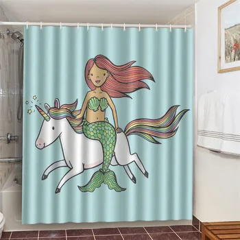 180x200 cm Karikatür Mermaid ve Unicorn Duş banyo perdesi Su Geçirmez Rahat Polyester Kumaş Ev Dekor cortinas