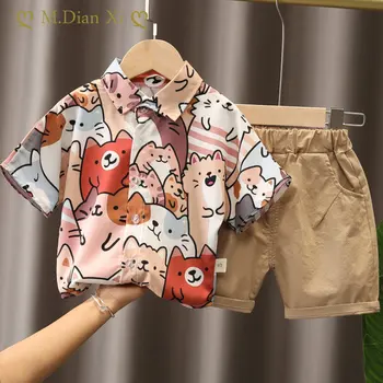 Bebek Erkek Kedi Baskılı Kısa Kollu Gömlek + Pamuk Şort 2 Adet Takım Elbise Çocuklar yaz giysileri Setleri Yürümeye Başlayan Çocuk Giysileri Butik Kıyafetler