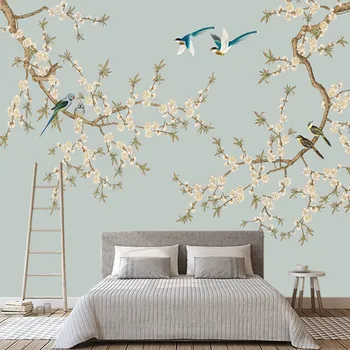 Yeni Çin tarzı el-boyalı çiçekler ve kuşlar nostaljik kırsal ev özel 3D duvar kağıdı duvar çıkartmaları oturma odası, yatak odası