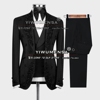El yapımı erkek Takım Elbise Klasik Siyah Düğün Smokin Özel Artı Boyutu Blazer Yelek Pantolon 3 Adet Resmi Parti Ziyafet Boncuklu Ceket