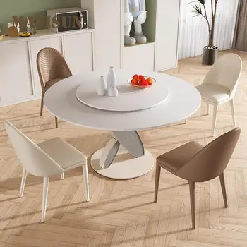 Moda Yuvarlak yemek masası Pikap İle Krem Tarzı Ev Mobilya Tasarım Karbon Çelik Çerçeve Basit Beyaz Masa Mutfak İçin