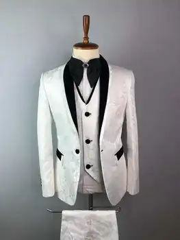 Beyaz Paisley 3 Parça Erkek Takım Elbise Slim Fit Blazer Smokin Damat Düğün Terno Masculino Kostüm Homme