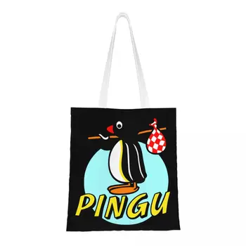 Yeniden Penguen Hayvan Kuş alışveriş çantası Kadın Tuval kol çantası Çanta Taşınabilir Noot Noot Pingu Bakkaliye Alışveriş Çantaları