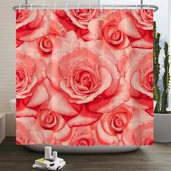 Kırmızı Gül Çiçek Baskılı Duş Perdesi Banyo Perdeleri Renkli Çiçek Su Geçirmez Polyester Kumaş Küvet Dekor Kanca İle