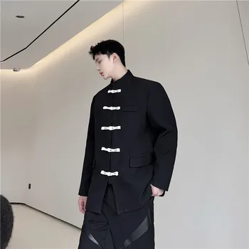 2022 Sonbahar Kore tarzı Benzersiz Disk toka tasarım takım elbise erkekler rahat gevşek Ayakta yaka takım elbise erkekler için M-XL