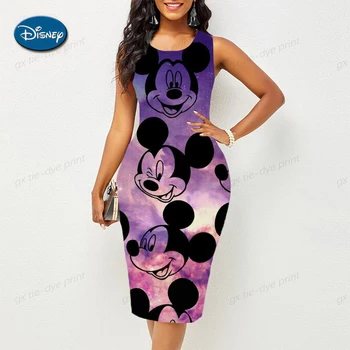 Mickey ve Minnie Anime Baskı Yaz Yeni Disney Marka Sokak kadın Yuvarlak Boyun Seksi askı elbise Plaj Parti Elbise 2023