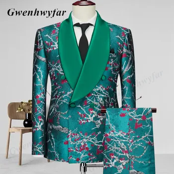 Gwenhwyfar Erik Bossom Çiçek Erkekler Parti Takım Elbise Kruvaze Yeni Tavuskuşu Yeşil erkek Zarif Kostüm Şal Yaka Blazer Setleri