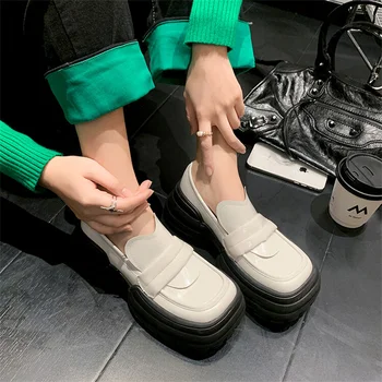 Inek Deri El yapımı Kadın Ayakkabı Kare Ayak Düz Platformu Düz Renk Bayan Ayakkabıları Slip-on Moda Rahat Zapato De Mujer