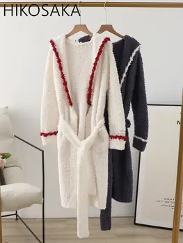 Moda Rahat Kapüşonlu Elbiseler Kadın Oyalamak Kemer Gevşek Uzun Kollu Nightgowns Sonbahar Kış Japon Yumuşak Rahat Pijama