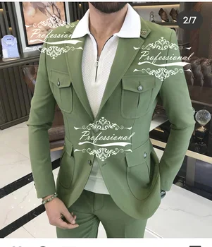 Yeşil erkek Lüks Sosyal Erkek Takım Elbise Blazer Pantolon Ceket Giyen Büyük Cep Giyim Özel Safari Ceket 2 adet Ceket Pantolon Kıyafet