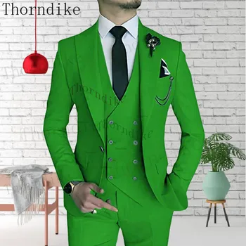 Thorndike erkek Pembe Mavi Haki Takım Elbise 3 ADET Yaka Doruğa Yaka Casual Smokin Düğün Groomsmen (Blazer + Yelek + Pantolon)