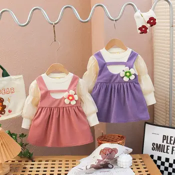 Moda Bahar Kız Prenses Elbise Sonbahar Çocuk Çocuklar Bebek Bebekler Tatlı Çiçek Sahte 2 adet Elbiseler Vestidos ADK2211