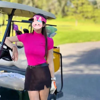 Yeni ANA TAVŞAN Golf kısa kollu tişört kadın 2023 Yaz Jersey Düz Renk Moda Spor Streç Golf Yüksek Boyun T-shirt