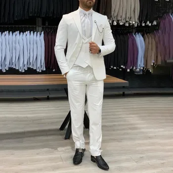 Moda Beyaz Takım Elbise Erkekler Set Resmi Damat Düğün Doruğa Yaka Slim Fit Smokin Erkek Ofis İş Blazer (Ceket+Yelek+Pantolon)