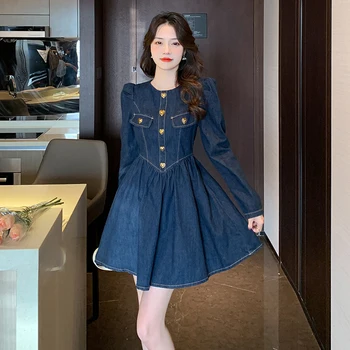 Mavi Kadın Kot Elbise Kadın 2023 Moda Rahat Yüksek Sokak Uzun Kollu Denim A-Line Pilili Elbise Düğmeleri İle Zarif Vestido
