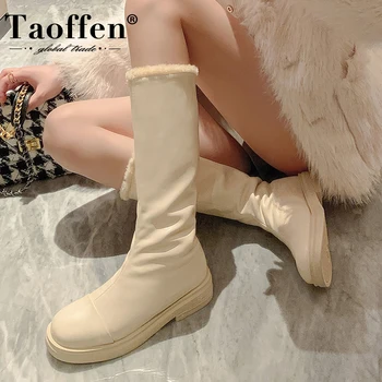 Taoffen Gerçek Deri Kadın uzun çizmeler 2023 Yeni Kış sıcak ayakkabı Ins Moda Yarım Buzağı Çizmeler Şık Kadın Ayakkabı Boyutu 34-39
