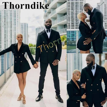 Thorndike 2022 Trend Özel Boyut Çiftler Damat Siyah Smokin Takım Elbise Ceket erkek günlük giysi (Blazer + Pantolon) düğün