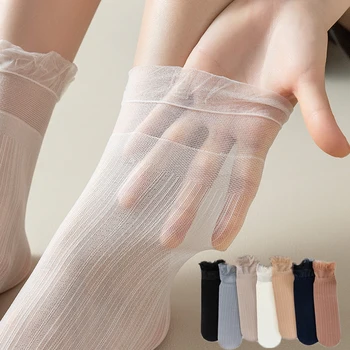 Japonya Tarzı Seksi Dantel Fırfır Çorap Ultra ince Şeffaf Yaz İçi Boş Örgü Ekip Çorap Kadın Moda Harajuku Retro Uzun Çorap