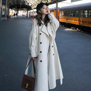 Hstar Kore Kadın Sonbahar Kış Kruvaze Uzun Yün Ceket Bayanlar Zarif Vintage Gevşek Şık Diz Yün Ceket