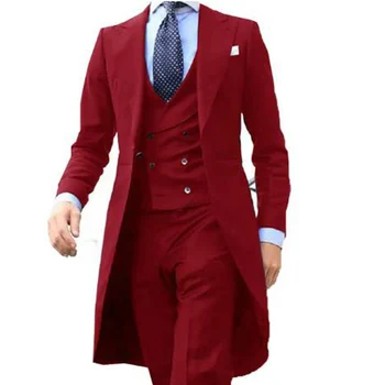 En iyi erkek Takım Elbise Smokin 3 Parça Set Yaka düğün elbisesi Kalma İlk Tercih Uzun Ceket ve Yelek ve Uygun Pantolon Tam Zarif Erkek