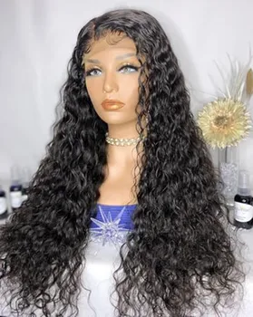 26 İnç 180 % yoğunluk uzun gevşek kıvırcık siyah doğal saç çizgisi Dantel ön peruk Ile kadınlar ıçin bebek saç ısı sıcaklığı günlük peruk