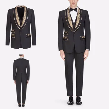 Kostüm Homme 2023 Balo Yemeği Smokin erkek Düğün Moda Damat Jakarlı Yaka Parti 3 Parça Takım Elbise (Ceket + Pantolon + Yelek)
