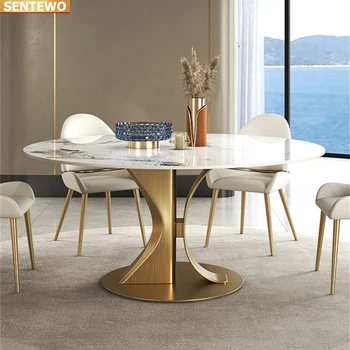 Tasarımcı Lüks yuvarlak yemek Mermer Kaya Döşeme yemek masası seti 8 sandalye mesa tische mobilya comedor Paslanmaz çelik altın taban