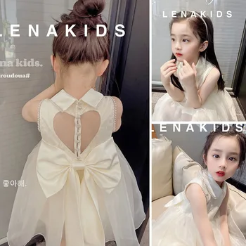 Kore Versiyonu Moda 2023 Yaz Yeni Kız Elbise Moda İlmek Kalp Prenses Elbise Örgü Diz Boyu Rahat Turn-aşağı Yaka