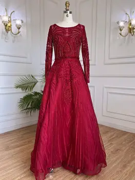 Sakin Tepe Müslüman Şarap Kırmızı Lüks Abiye Giyim 2023 A-Line Boncuklu Kadınlar İçin Düğün Parti GLA71873