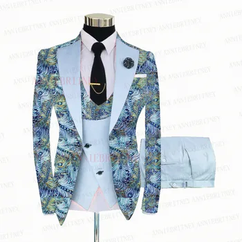 2021 Moda Çiçek Baskılı Erkek Takım Elbise 3 Parça Özel Damat Düğün Smokin Slim Fit Balo Parti Blazer Takım Elbise Ceket Yelek pantolon seti