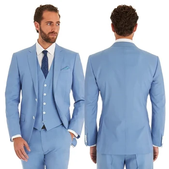 2023 Custom Made Çentik Yaka Erkek Takım Elbise Slim Fit Damat En İyi Adam Düğün Groomsmen Takım Elbise 3 Adet İki Düğme Gökyüzü Mavi Moda
