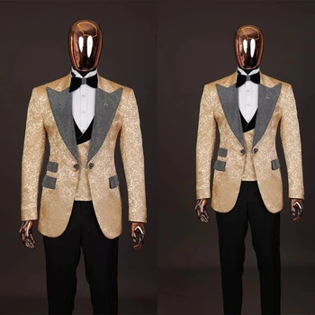 Altın Jakarlı Erkek Takım Elbise Özel 3 Adet Blazer Yelek Siyah Pantolon Parlak Yaka Bir Düğme İş Düğün Damat Balo Özel