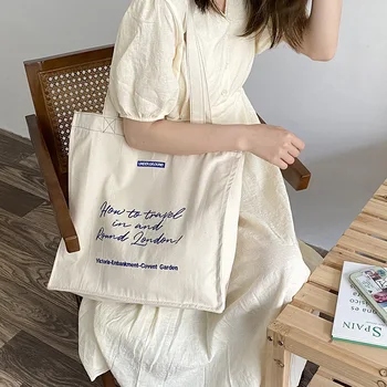 Londra'da seyahat Kadın Kanvas omuzdan askili çanta Alışveriş Çantaları Öğrenciler Kitaplar Tote Dimi Örgü Pamuklu Bez Çanta Bayanlar İçin