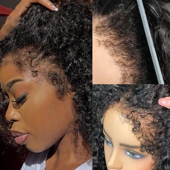 4C Saç Çizgisi Kenar Bebek Saç İnsan Saç 13x4 Hd Dantel ön peruk Siyah Kadınlar İçin Brezilyalı Remy Saç Kıvırcık Derin Kıvırcık Dantel ön peruk