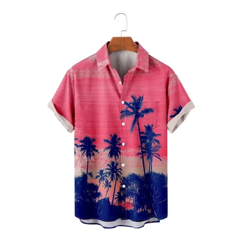 Hawaii Gömlek Erkekler için Hindistan Cevizi Ağaçları Baskı Gün Batımı Kısa Kollu Kırmızı Gömlek Serin Yaz Üstleri Vintage Nefes