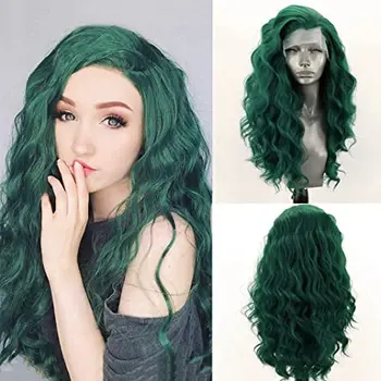 100 % Yüksek Sıcaklık ısıya dayanıklı iplik Dantel Ön Sentetik Saç Peruk Kadınlar ıçin Yeşil Renk Vücut Dalga Tutkalsız Uzun Peruk