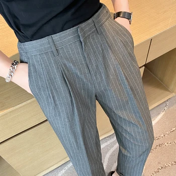 İngiliz Tarzı İnce İş Rahat Dikey Çizgili Takım Elbise Pantolon erkek Yüksek belli Düz Bacak Pantolon Kore Versiyonu Sosyal Pantolon
