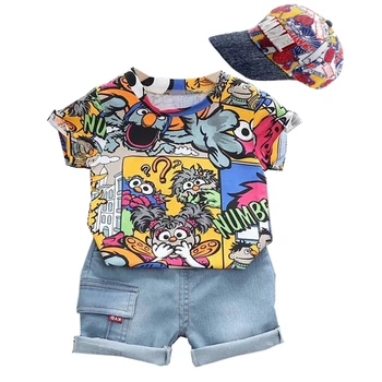 Serin Çocuk Boys yaz giysileri Kıyafet Sunhat Moda Graffiti Kısa kollu Tişört Kot şort takımı Çocuk Pantolon Giyim