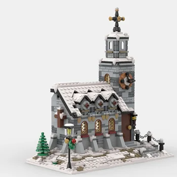 1074 ADET MOC-58208 Kış kilise oyuncak inşaat blokları, sokak görünümü kilise mimari modeli yapı taşları çocuk hediyeleri