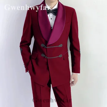 Gwenhwyfar 2021 Sonbahar Yeni Özel Klasik Tarzı Beyefendi Parti erkek Damat Düğün Şarap Kırmızı Smokin Takım Elbise Blazer 2 parça Set