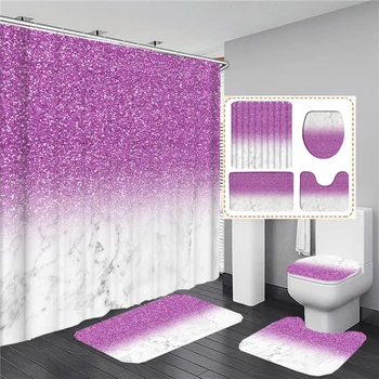 Pembe Mermer Duş Perdeleri Parlak Dekor Banyo Polyester Kumaş Dekoratif Banyo Ekran Tuvalet Kapağı Halı WC Aksesuarları