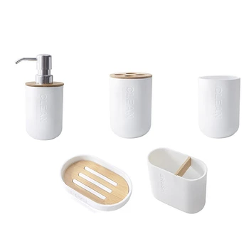 5 Adet Bambu Banyo Seti Tuvalet Fırçası Tutucu Diş Fırçası Cam Bardak Sabunluk Sabunluk Banyo Aksesuarları