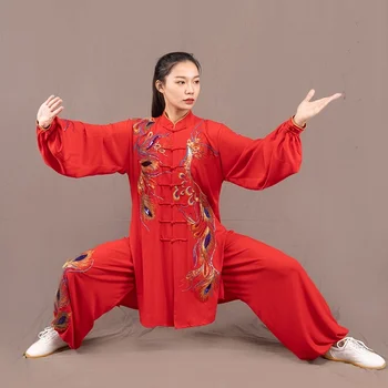 Tai Chi Giyim Kung Fu Elbise Pullu Nakış Phenix Wushu Kostüm Dövüş Sanatı Kırmızı Sabah Spor Tai Chi Üniforma FF2255
