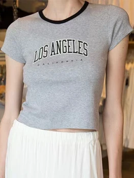 Mektup Baskı Patchwork Kırpma Üst Y2k Streetwear O-Boyun Pamuk Kısa Kollu İnce Tees Vintage Tatlı Sevimli T-Shirt Kadın Giyim