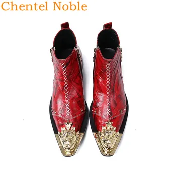 Metal Moda Chentel Gerçek Deri Sonbahar bileğe kadar bot Sivri Burun Çift fermuarlı ayakkabı Erkekler Patik Parti Flats Alt Kırmızı Renk