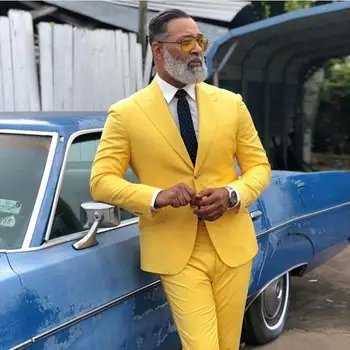 Son Tasarım Sarı Slim Fit Erkek Takım Elbise Artı Boyutu Düğün Takımları Erkekler İçin Smokin İki Düğme Blazers İki Adet (ceket + Pantolon)