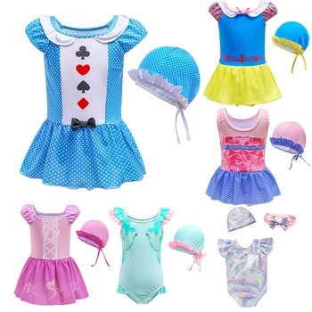 2-10T Küçük Kızlar Sevimli Alice Prenses İKİ PARÇALI Mayo Şapka İle YENİ 2023 Çocuk Kız Yaz Beachwear Bikini Mayo