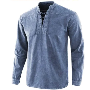 Erkek Düz Renk Kravat Yaka Gevşek Rahat Gömlek Pamuk Keten Gevşek Gömlek Erkekler İçin Lüks Rahat Uzun Kollu Moda Bluz