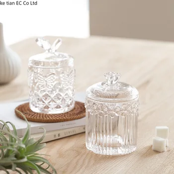 Fransız cam kabartmalı pamuklu çubuk saklama kavanozları kürdan kutusu Avrupa kristal kare şeker kavanozu Masaüstü aksesuarları depolama kavanoz