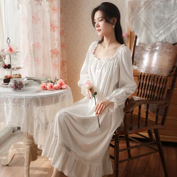 Bayanlar Beyaz Pamuklu gece elbisesi Zarif Uzun Kollu Gecelik Gecelik Gecelik Dantel Pijama Gecelik